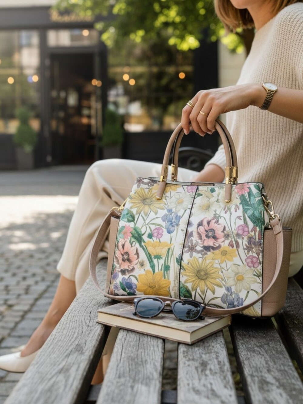 Spring Floral Print Top-Handle Satchel Bag - Beige Trim Gold Hardware Everyday